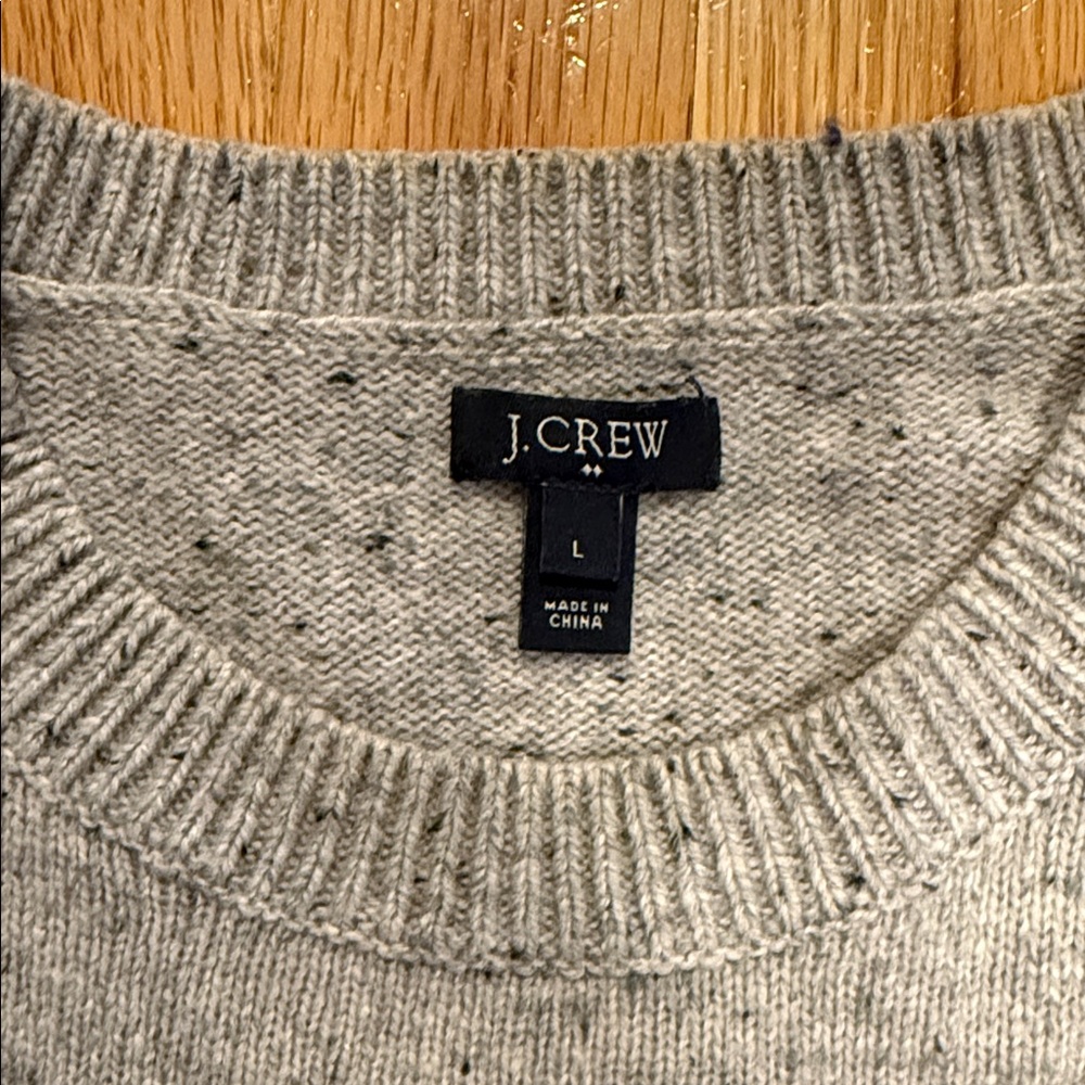 J. Crew Light Gray Crewneck Sweater with Brown Elbow Patches - Picture 2 of 2